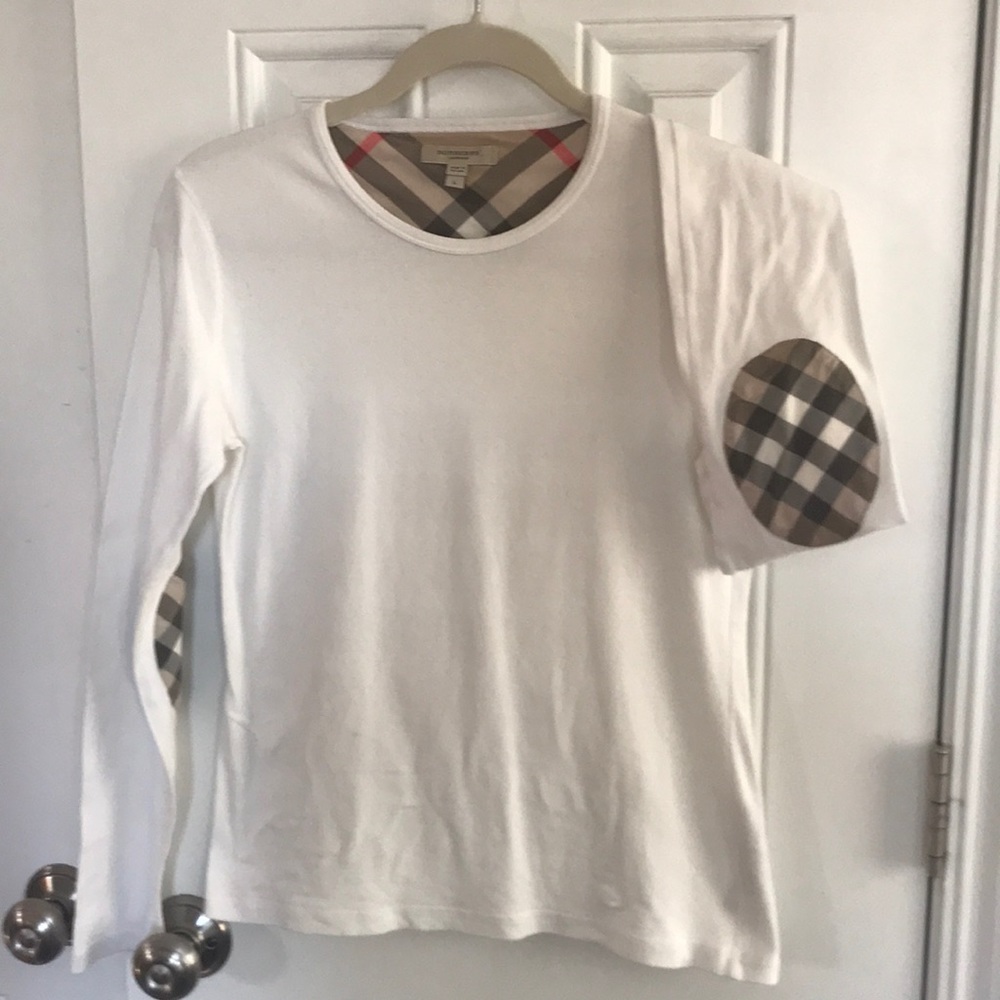 Burberry long sleeve white Tee, plaid elbows